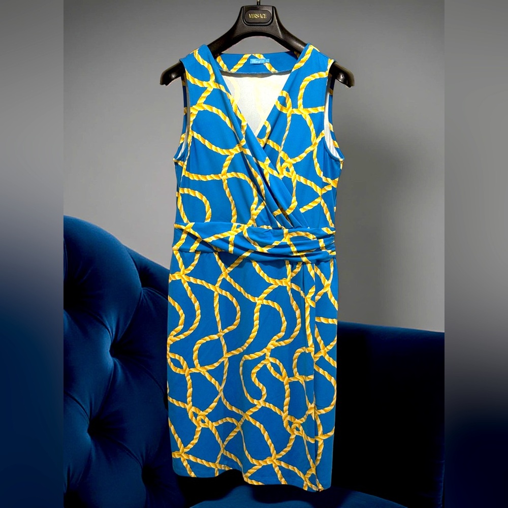 Sleeveless Blue Mini Dress with Yellow Rope Print